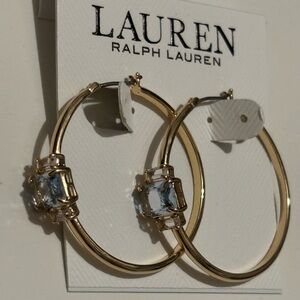 Lauren Ralph Lauren Gold Tone Hoop Earrings Blue Faux Pearl Crystal  New #BC11